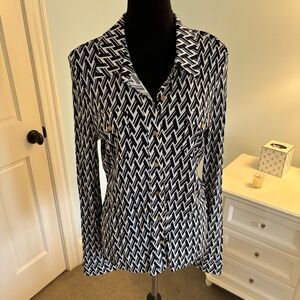 NWT Tory Burch Button Down in Navy+White Geometric Print, Size L